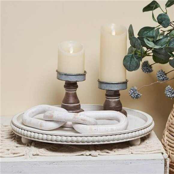 White round wood tray distressed beaded farmhouse decor coffee table accent - Picture 4 of 8